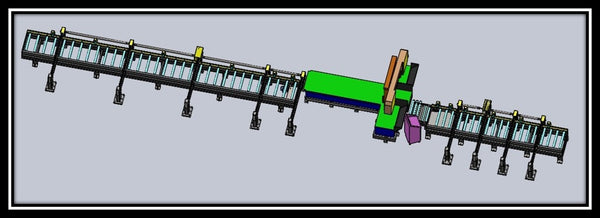 Complete System - Powered Roller Conveyors   Automatically Synchronized  With The Saw Bar Feed Including Stock Arms and Vertical Guide Rollers