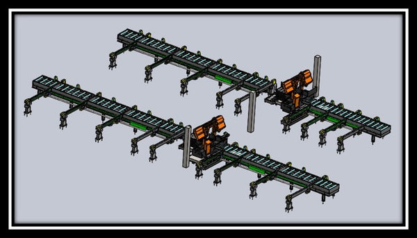 Heavy-Duty Powered Roller Conveyors Automatically Synchronized With The Saw Bar Feed Including  Transfer  Arms and Vertical Guide Rollers