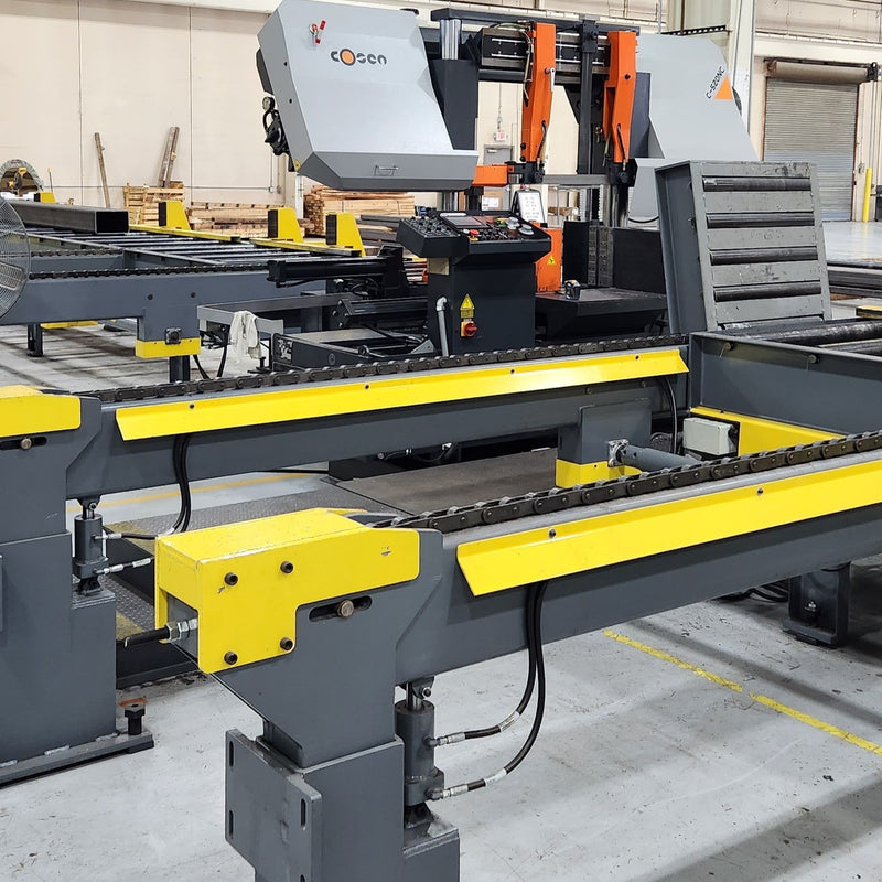 Single Saw system with powered lift transfer arms